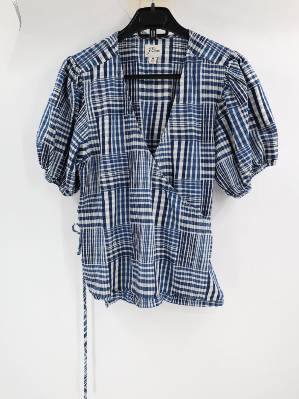 J Crew Puff Sleeve Wrap Top womens Medium Cottage Coastal Preppy Resort indigo